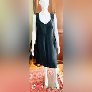 Black linen pencil dress at knee length black beaded wide squarish V neck US 10